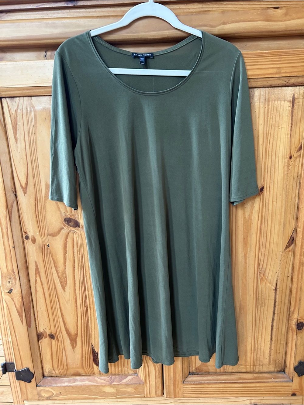Eileen Fisher Olive Scoop-Neck Dress 100% Silk 3/4 Sleeves